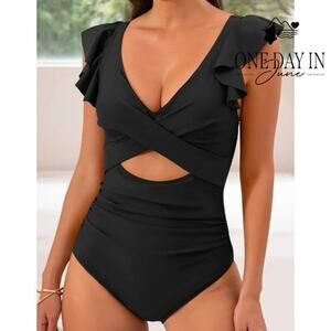 B2Prity Cross Front Cut Out Ruffle Shoulder One Piece Swimsuit Size M